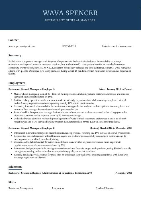 restaurant general manager resume template