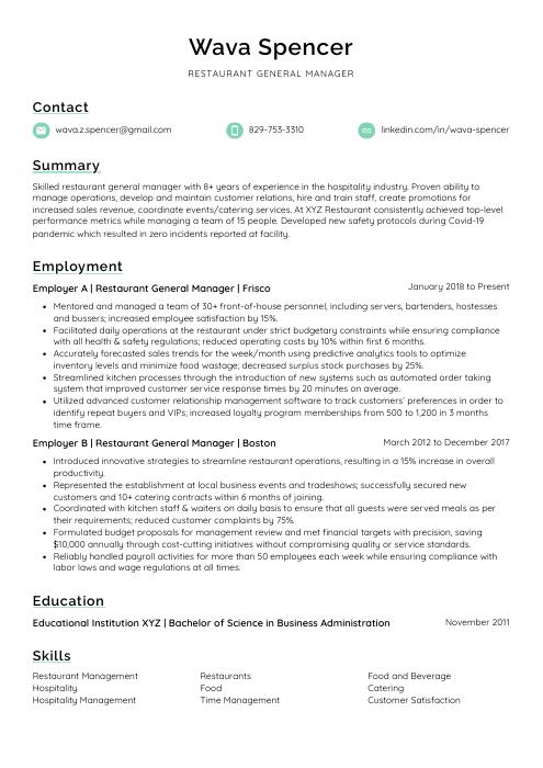 restaurant general manager resume template