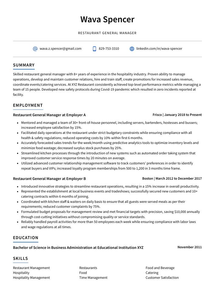 Restaurant General Manager Resume