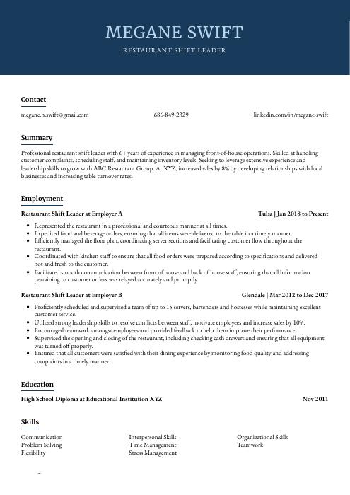 Restaurant Shift Leader Resume CV Example And Writing Guide