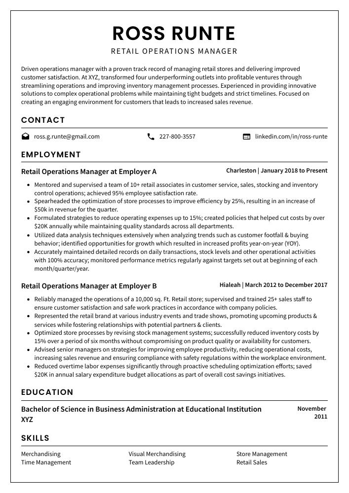 Retail Operations Manager Resume CV Example And Writing Guide