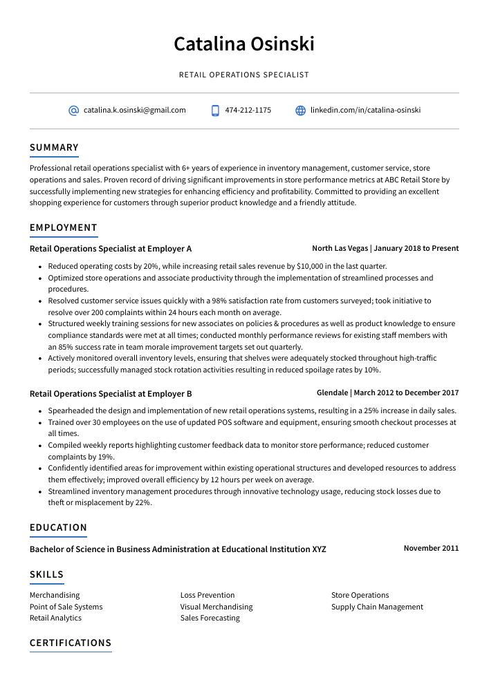 Retail Operations Specialist Resume