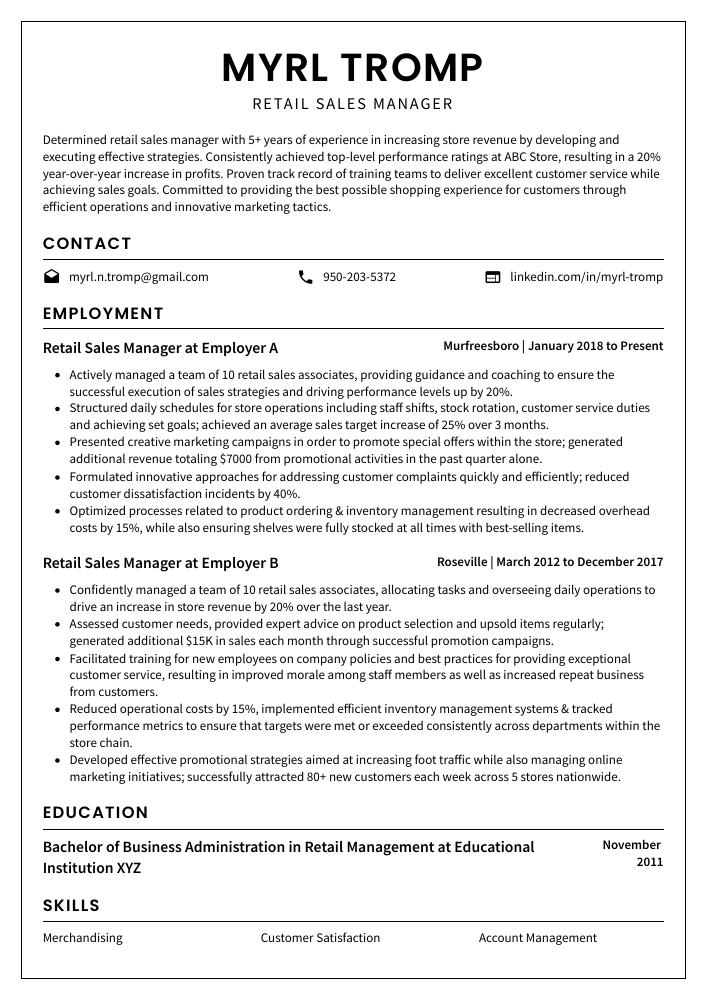 Retail Sales Manager Resume