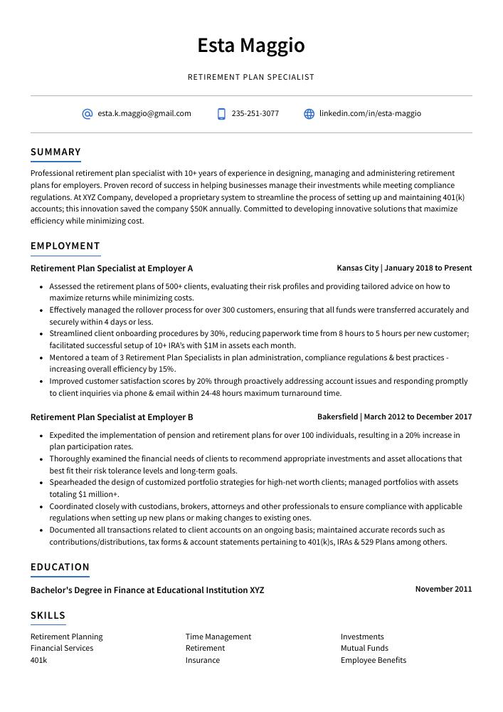 Retirement Plan Specialist Resume