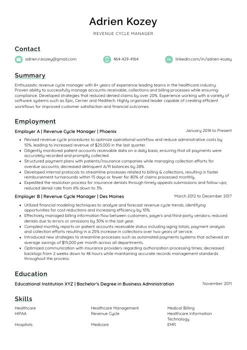 Revenue Cycle Manager Resume Cv Example And Writing Guide 1704