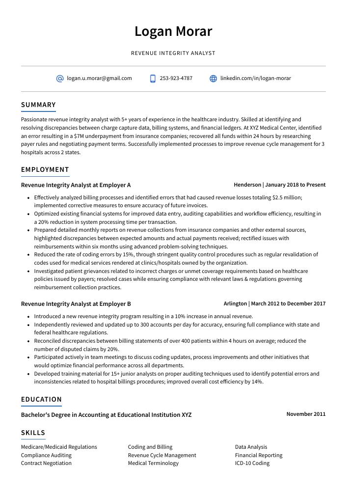 Revenue Integrity Analyst Resume