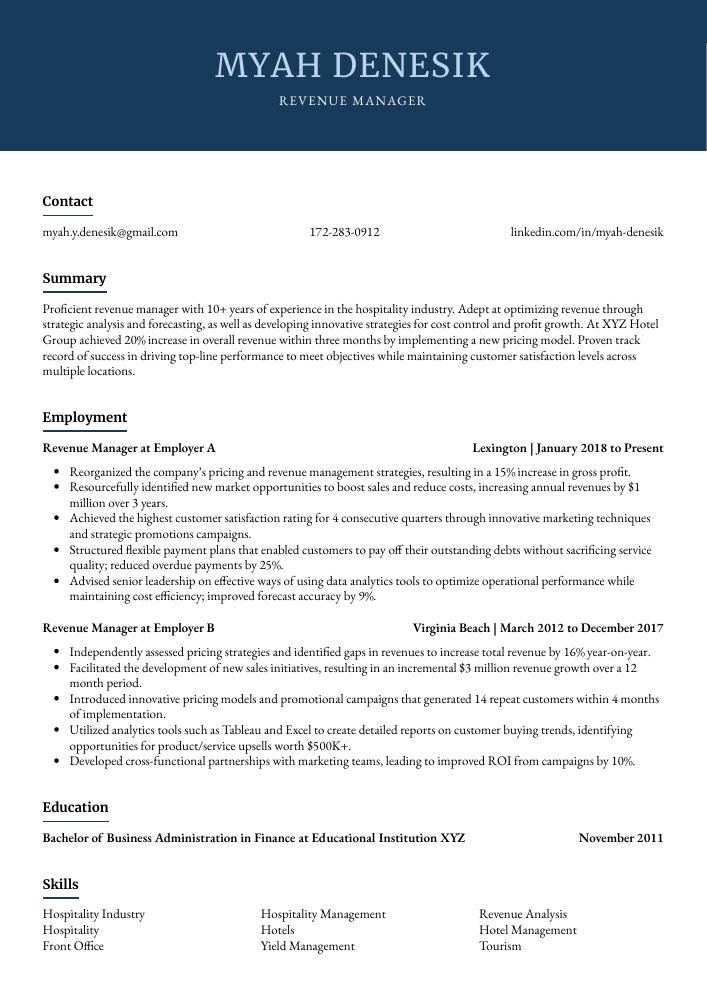 Revenue Manager Resume