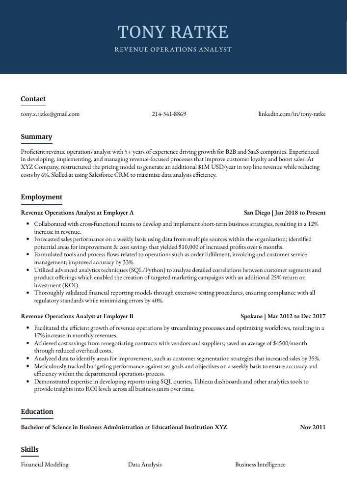 Revenue Operations Analyst Resume