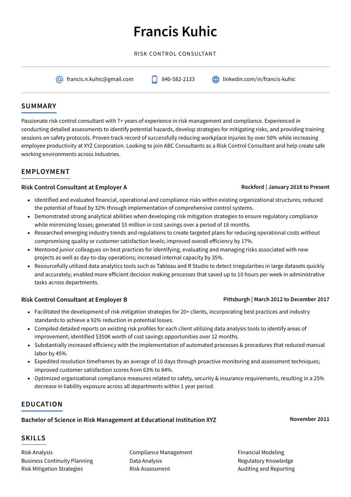 Risk Control Consultant Resume