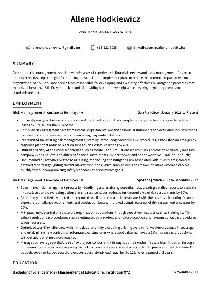 Risk Management Associate Resume