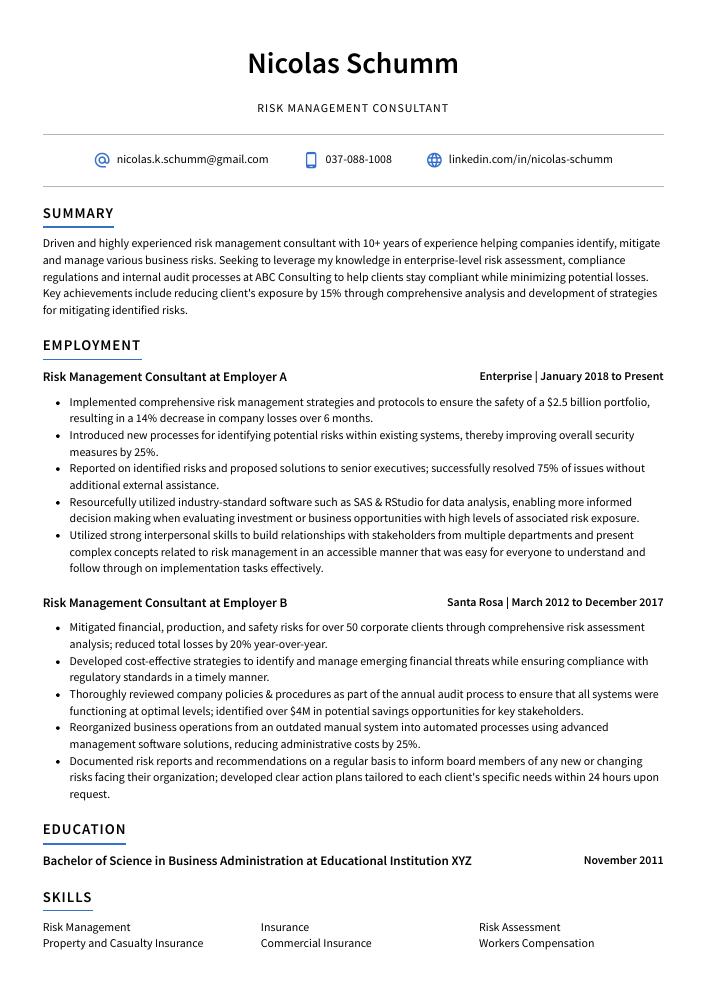 Risk Management Consultant Resume