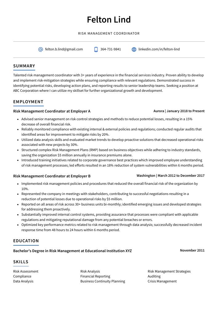 Risk Management Coordinator Resume