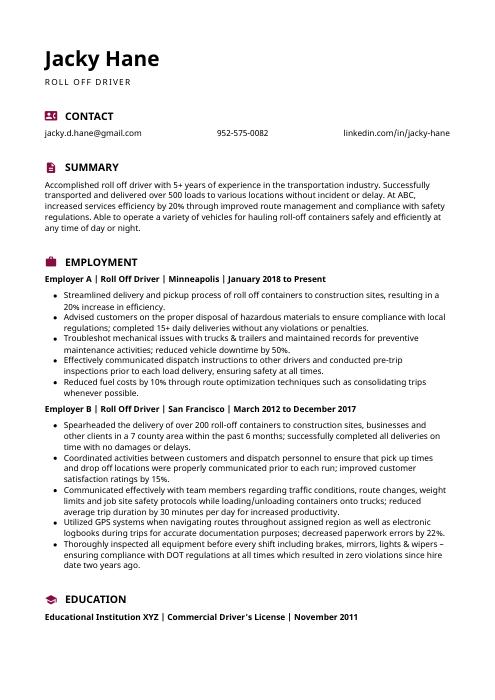 Roll Off Driver Resume (CV) Example and Writing Guide