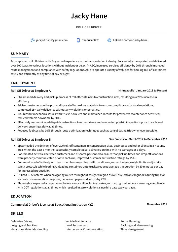 Roll Off Driver Resume