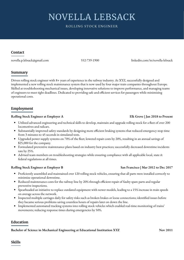 Rolling Stock Engineer Resume