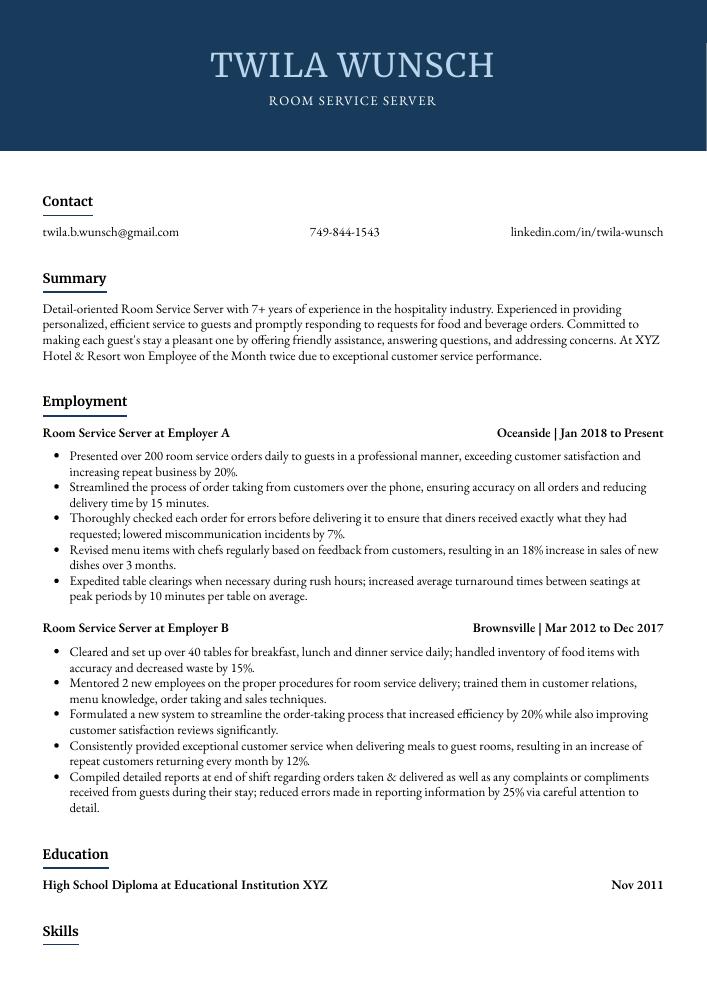 Room Service Server Resume