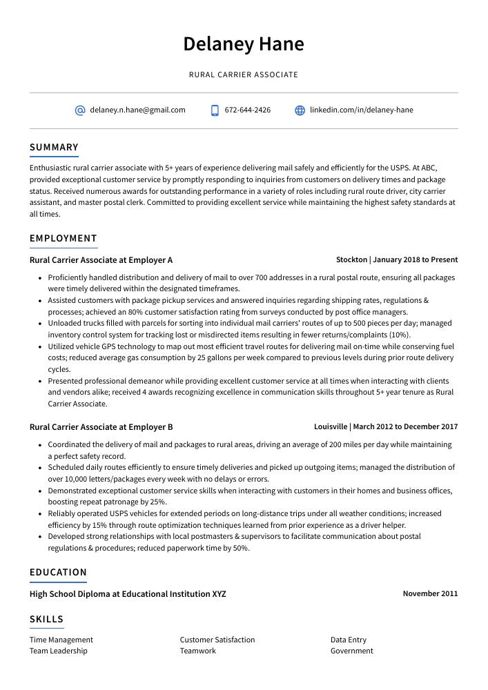 Rural Carrier Associate Resume