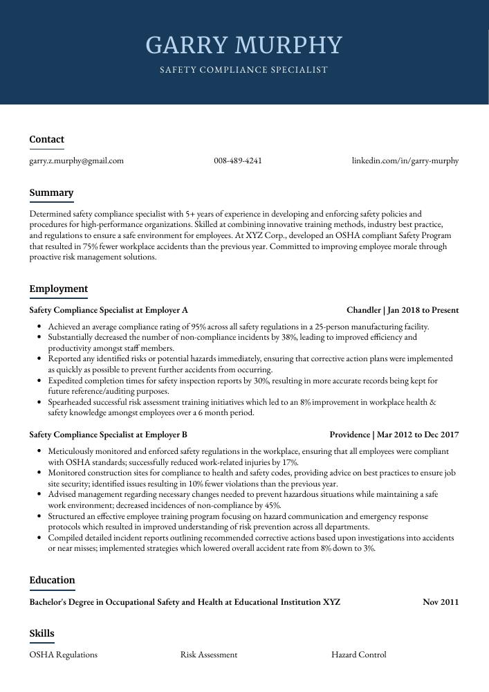 Safety Compliance Specialist Resume