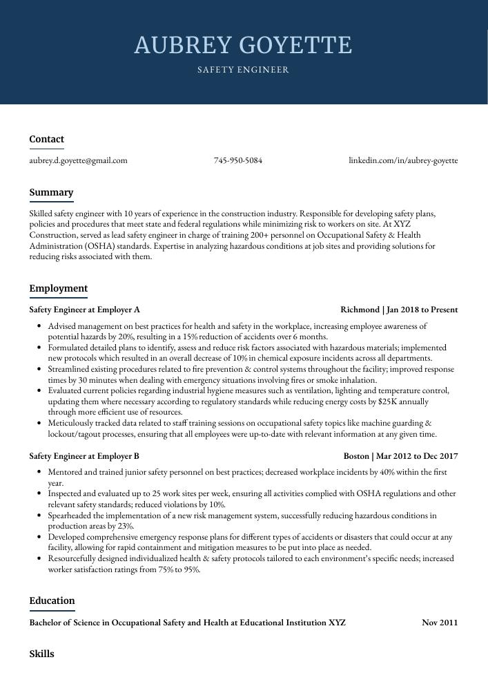 Safety Engineer Resume