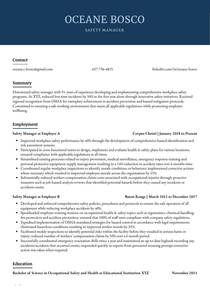 Safety Manager Resume