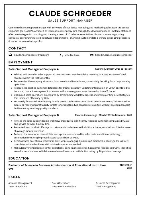 resume sales support manager