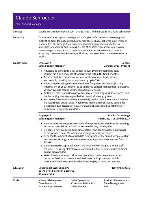 resume sales support manager