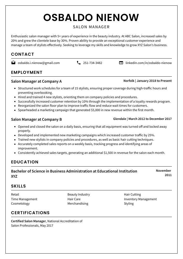 Salon Manager Resume