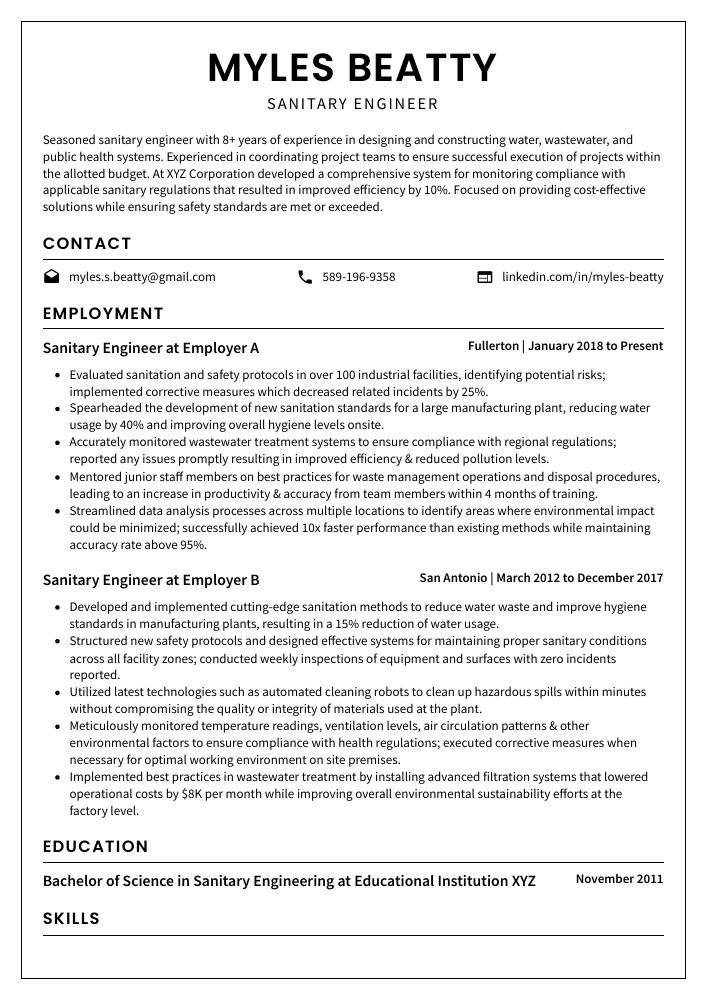 Sanitary Engineer Resume