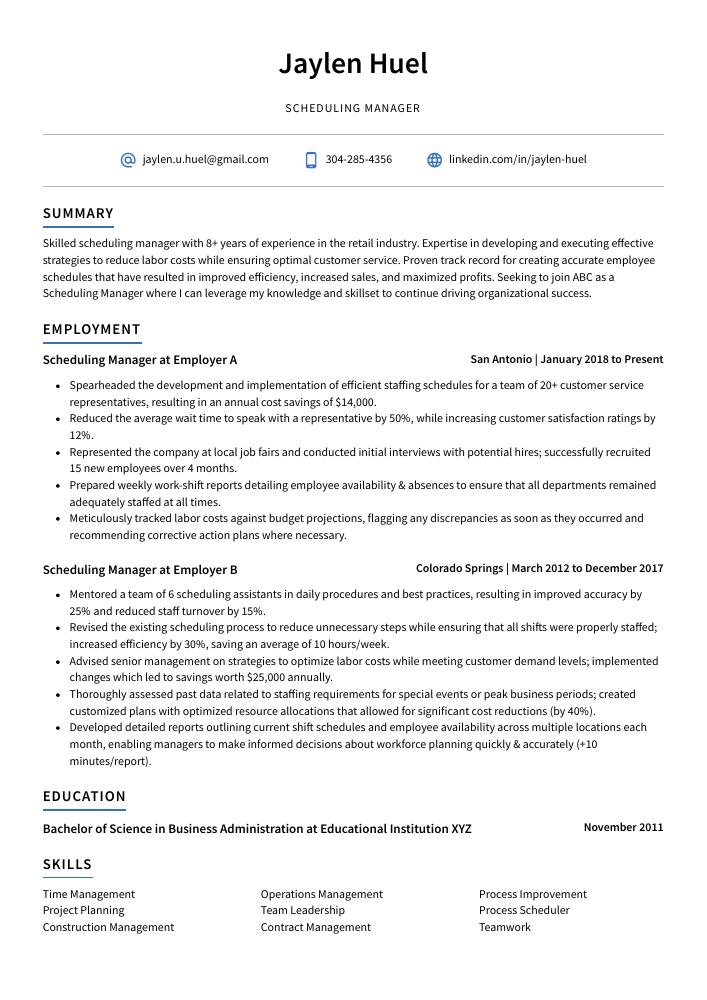 Scheduling Manager Resume