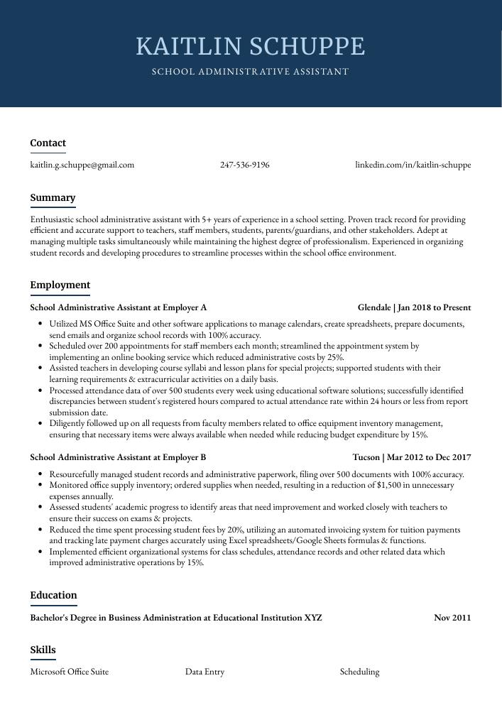 School Administrative Assistant Resume