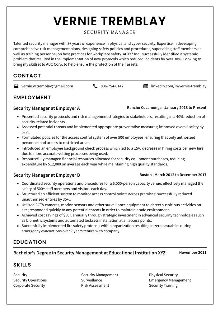 Security Manager Resume