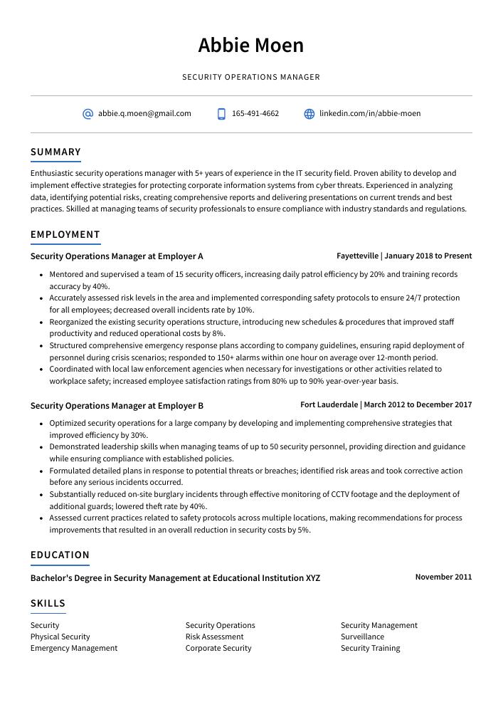Security Operations Manager Resume