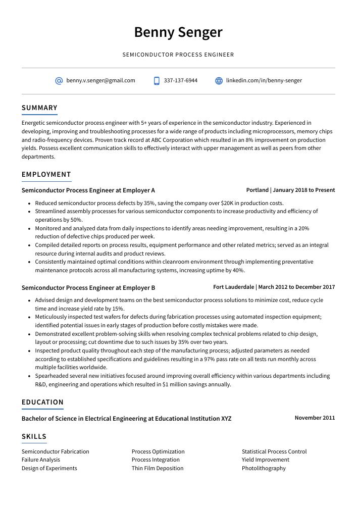 Semiconductor Process Engineer Resume