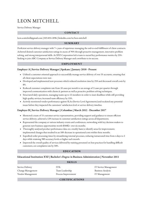 service delivery manager resume template