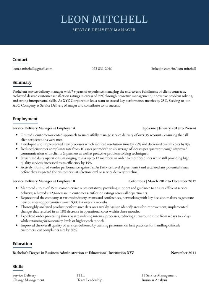 Service Delivery Manager Resume