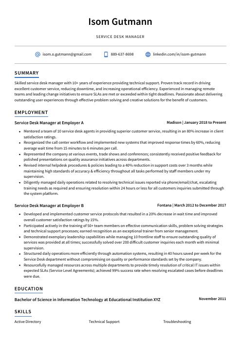 service desk manager resume