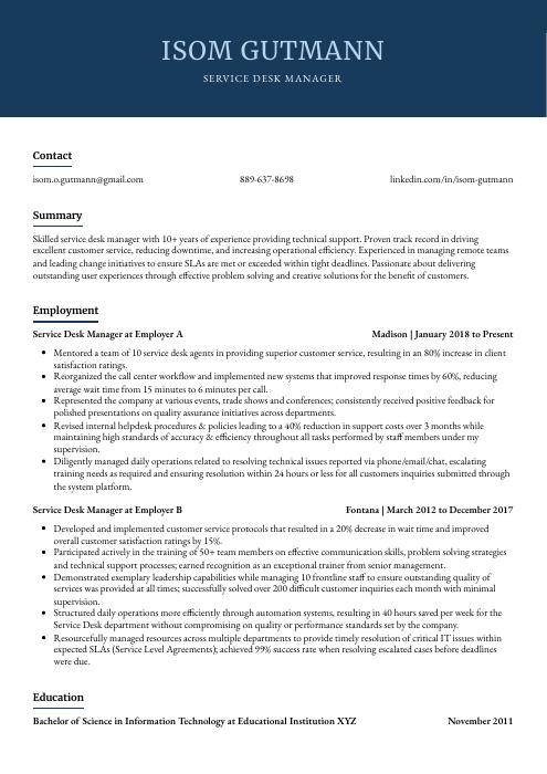 service desk manager resume