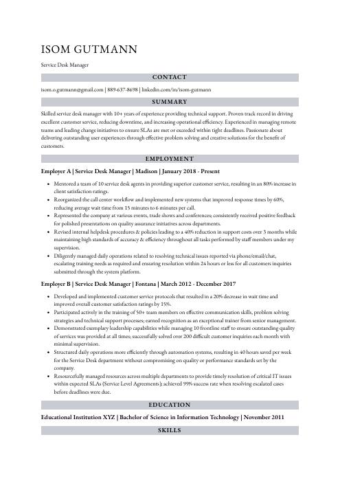 service desk manager resume