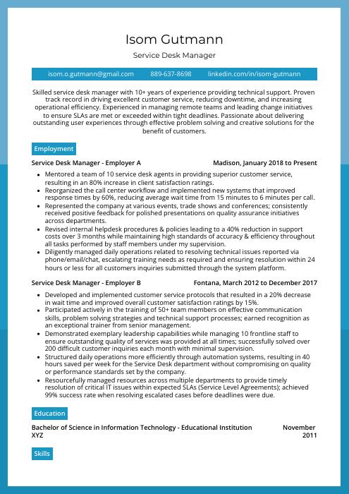 service desk manager resume