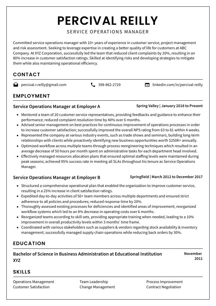 Service Operations Manager Resume