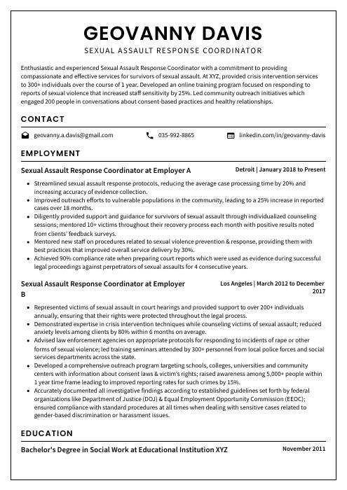 Sexual Assault Response Coordinator Resume Cv Example And Writing Guide 2273