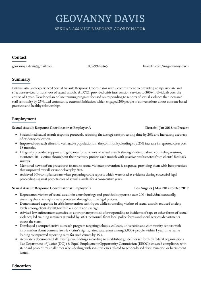 Sexual Assault Response Coordinator Resume Cv Example And Writing Guide
