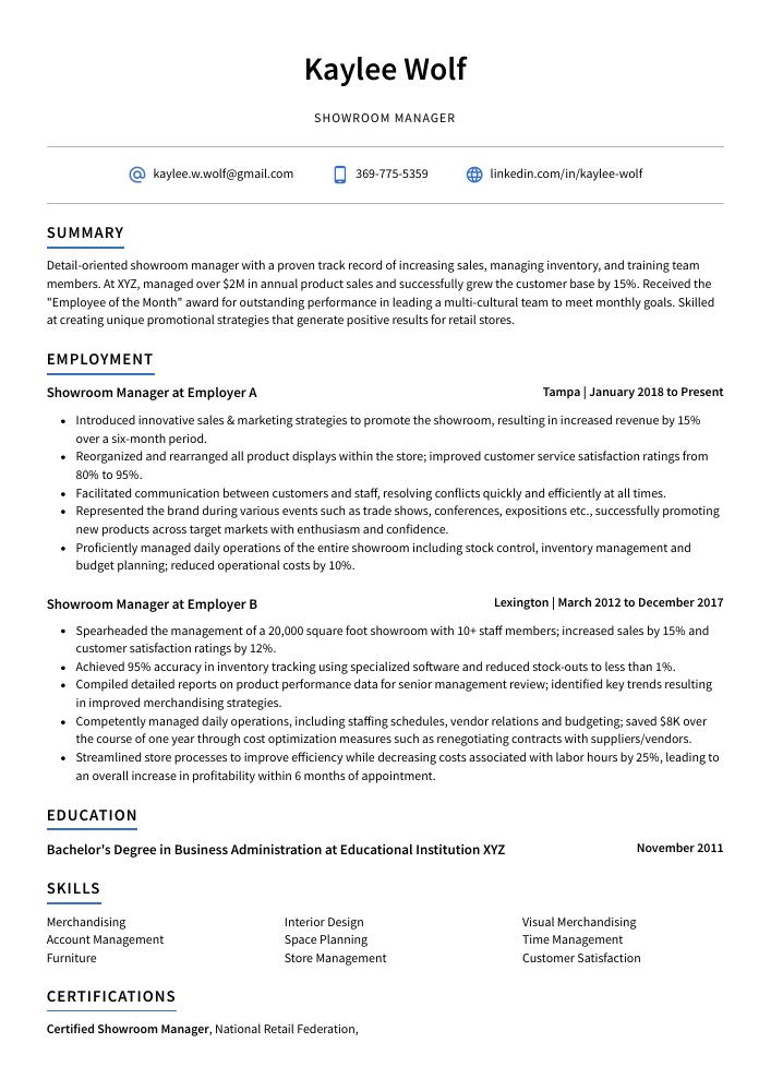 Showroom Manager Resume (CV) Example and Writing Guide