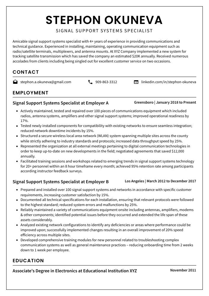 Signal Support Systems Specialist Resume