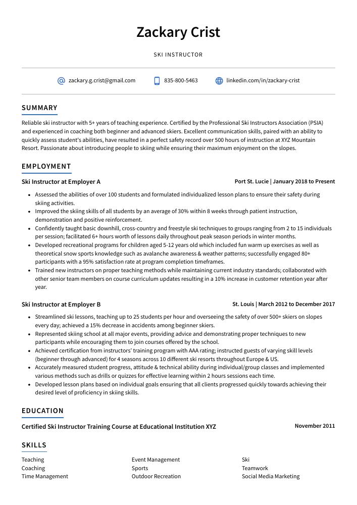 Ski Instructor Resume