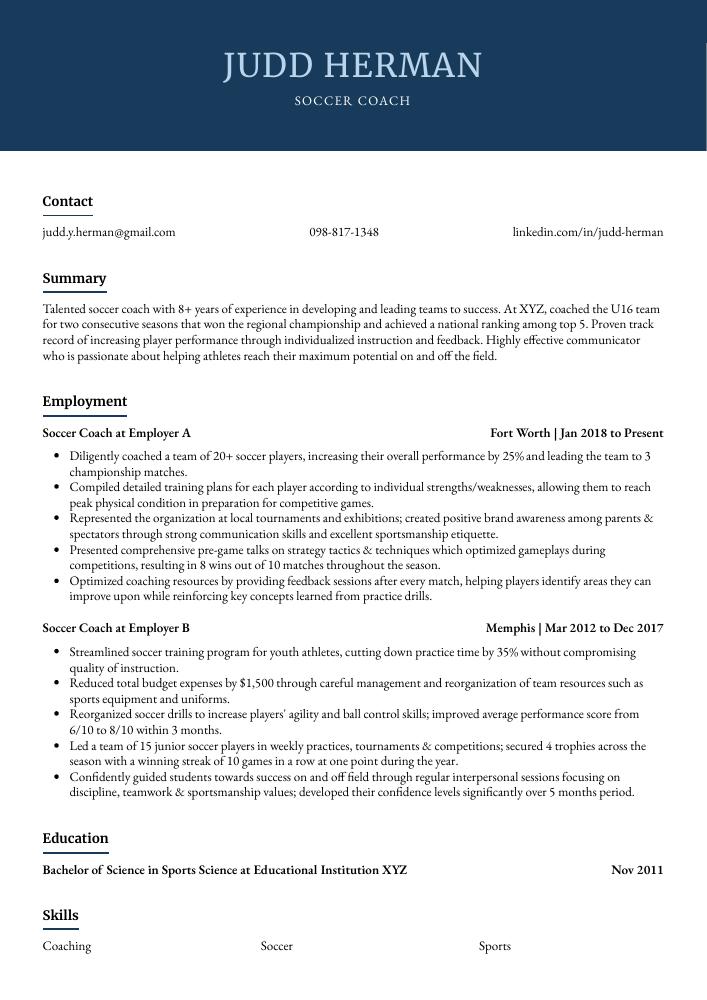 Soccer Coach Resume Examples Writing Tips Free Guide OFF