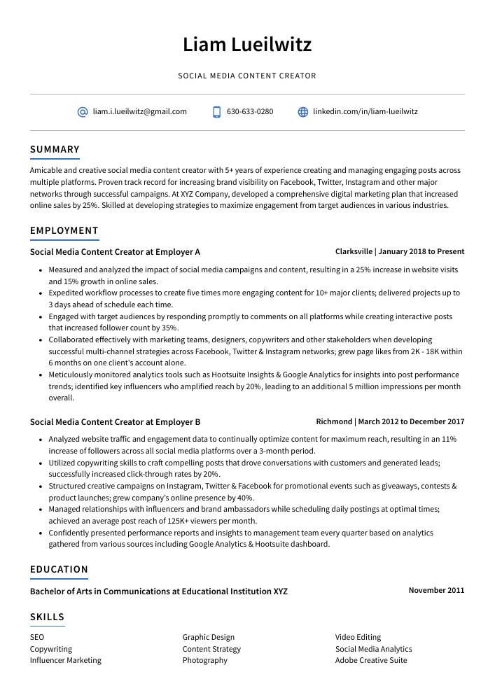 content creator job description for resume