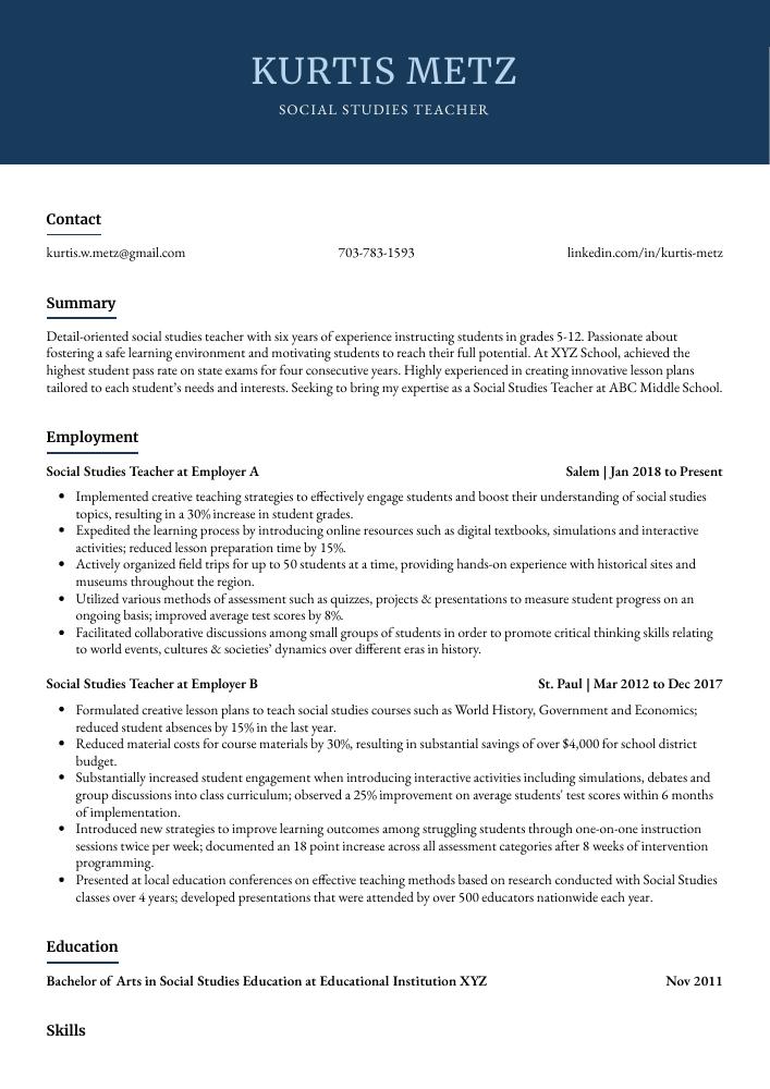 Social Studies Teacher Resume