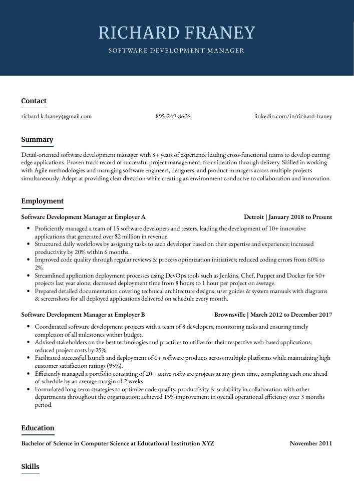 Software Development Manager Resume