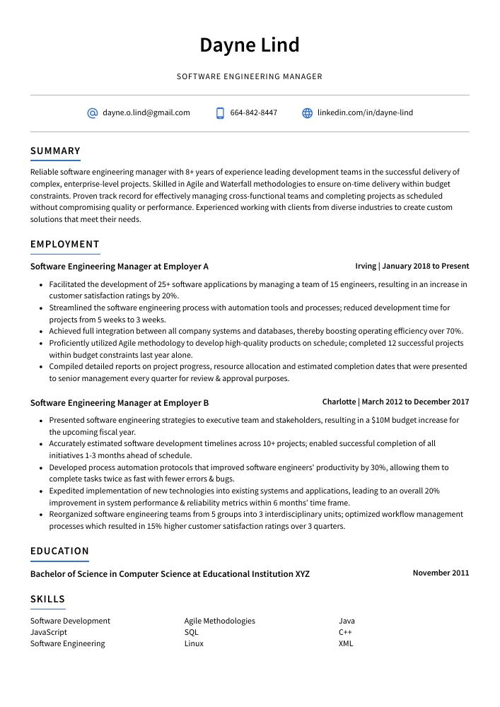 Software Engineering Manager Resume